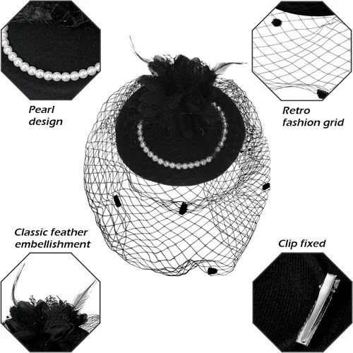 Vista 5 de Hicarer Tocado de los años 50 para mujer, sombrero de velo funerario, pastillero, cóctel, fiesta de té, tocado y guante de encaje, collar de perlas