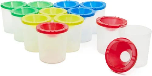 Vista 9 de Juvale Paquete de 12 vasos de pintura antiderrames con tapas para niños, suministros de arte y manualidades para aulas (4 colores, 3 x 3 pulgadas)