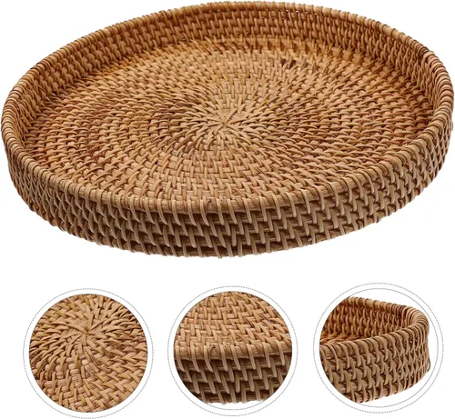 Vista 7 de Housoutil Cesta de almacenamiento de ratán, bandeja de tocador, marrón claro, redonda, 12 pulgadas