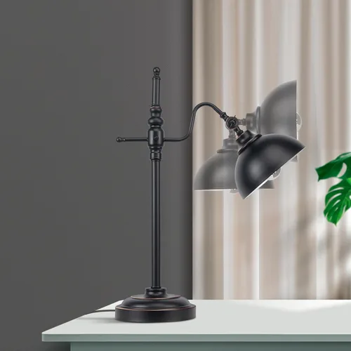 Vista 5 de Lámpara industrial de escritorio, lámpara de trabajo de metal negro con 2 puertos de carga USB, estilo vintage de granja para dormitorio, café