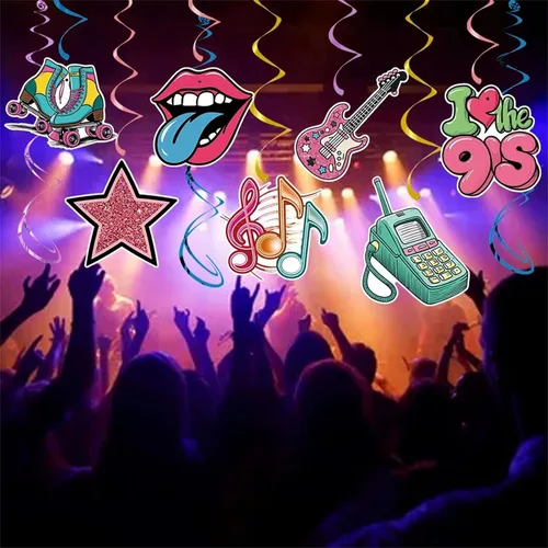 Vista 3 de Decoraciones de fiesta temática de los años 90, remolinos colgantes retro con cassette, boombox, patín de ruedas, notas musicales, 24 piezas