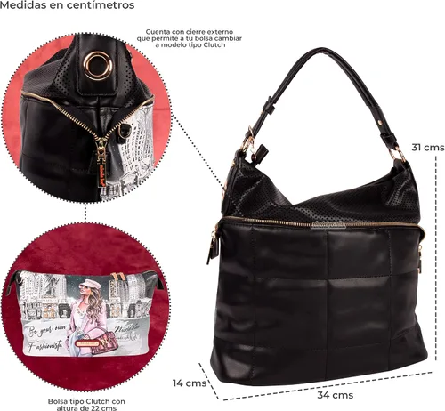 Vista 4 de Nicole Lee Sara is - Bolso de hombro grande suave pero fuerte, bolso de mano con tachuelas con adornos de diamantes negros con correa cruzada