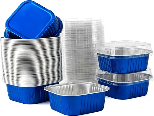 Vista 8 de 50 piezas de mini tazas cuadradas para hornear con tapas, mini moldes de papel de aluminio de 5 onzas con tapas, moldes desechables para tartas