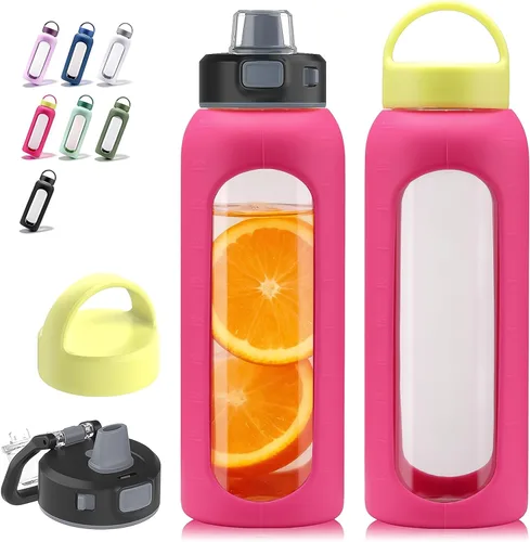 Vista 8 de Kodrine - Botella de agua de vidrio de 20 onzas con popote y 2 tapas para fácil transporte, con asa, funda de silicona y marcador de tiempo, botella