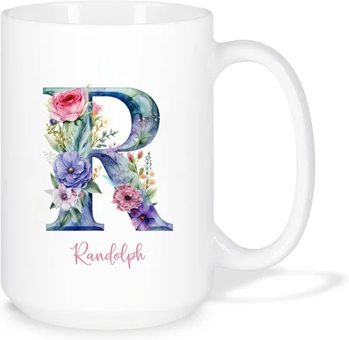 Vista 21 de Taza de café personalizada de la letra A del alfabeto, Taza de café blanca con nombre personalizado único, Taza inicial de monograma floral