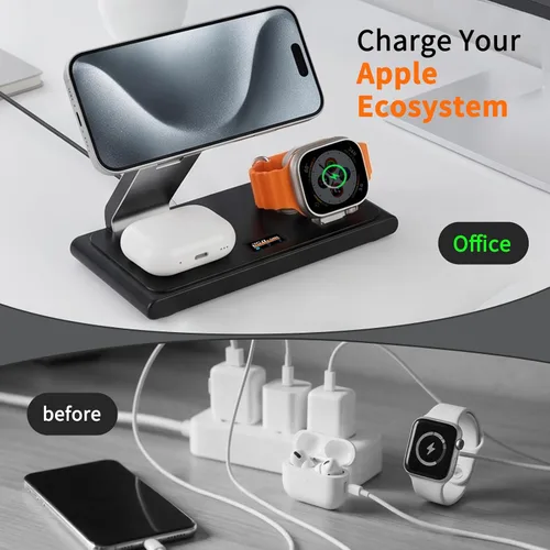 Vista 9 de MONASAY 25W 3-in-1 Wireless Charging Station for Apple with Smart Screen TURBO Indicator,25W Fast Charging,Foldable Magnetic Design,45W PD Black