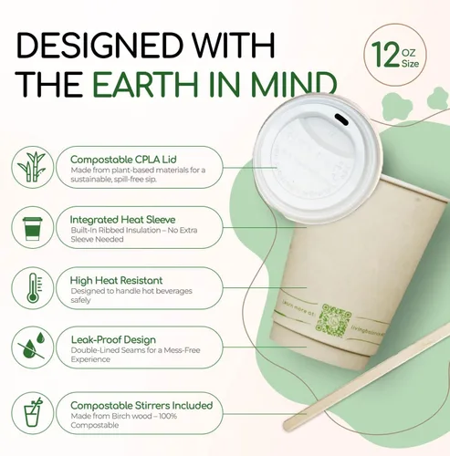 Vista 4 de Living Balance - Tazas de café compostables certificadas con tapas, 12 onzas, paquete de 100 con agitadores y mangas integradas, resistentes