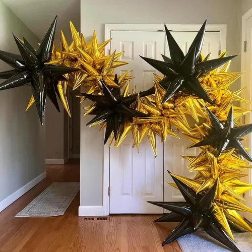 Vista 4 de Globos de estrella negra, 12 unidades, globos de explosión de estrella de aluminio de 27/22 pulgadas, globo de cono de Mylar de espiga grande