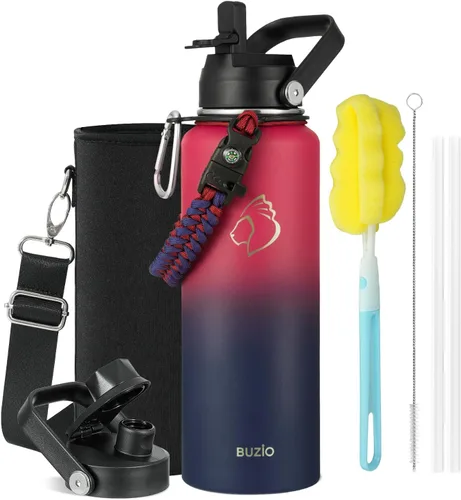 Vista 27 de BUZIO Botella de agua de 32 onzas aislada con popote y 3 tapas y bolsa de transporte, a prueba de fugas, frasco jarra de agua de acero inoxidable