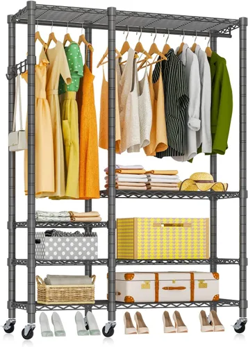 Vista 10 de Perchero de Ropa Resistente, 3 Niveles de Estantes de Alambre Metálicos Ajustables, Organizador de Armario y Perchero de Almacenamiento para Colgar