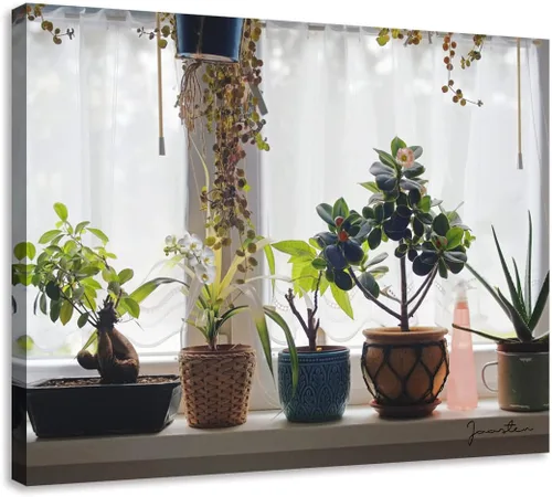 Vista 19 de Cuadro de flores para sala de estar, arte de pared floral azul y blanco sobre lienzo con detalles dorados para decoración de dormitorio gris, 32 x