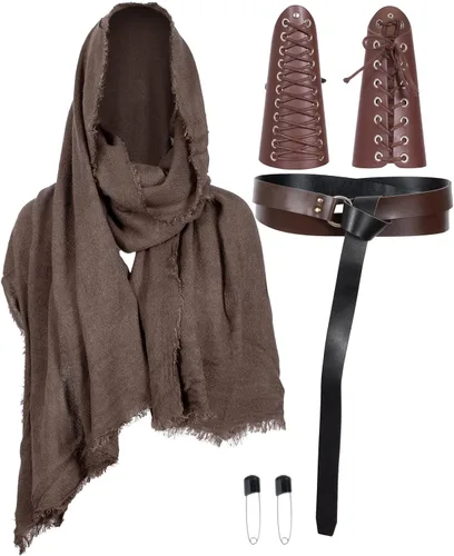 Vista 26 de Cinturón de cuero de caballero medieval para hombre, chal renacentista, capa de medio hombro, bufanda, brazaletes con hebilla, accesorios retro