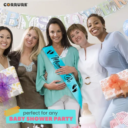 Vista 7 de CORRURE Baby Shower Mom to Be Faja para niño o niña – Hermosa cinta azul y texto de aluminio negro – Ideal para revelación de género, regalos