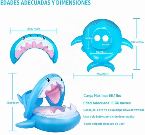 Vista 4 de Flotador de piscina para bebés con toldo inflable de tiburón para niños de 6 a 36 meses