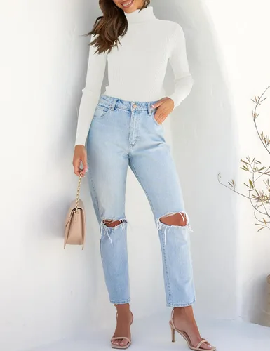 Vista 8 de ZESICA Camisas de manga larga de cuello alto para mujer, camisetas básicas de otoño, suéter de punto acanalado ajustado