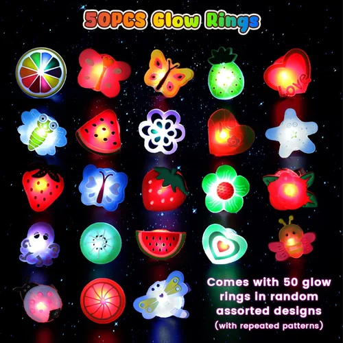 Vista 4 de LovesTown 50 anillos de luz LED, juguetes iluminados para niños que brillan en la oscuridad, suministros de fiesta intermitentes para recuerdos