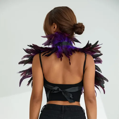 Vista 5 de Disfraz de capa de plumas naturales para mujer, chal gótico, cuello de encogimiento, capa de plumas para Halloween, disfraces de maléfica