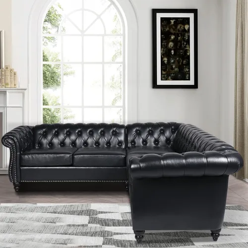 Vista 5 de ORRD Sofá seccional pequeño en forma de L, sofá Chesterfield de cuero copetudo con brazos de desplazamiento y cabeza de clavo para sala de estar