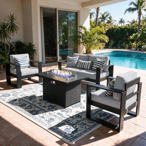 Vista 23 de LayinSun - Juego de muebles de patio de aluminio para exteriores de 4 piezas, sofá de conversación moderno de metal con mesa de café y cojines Negro
