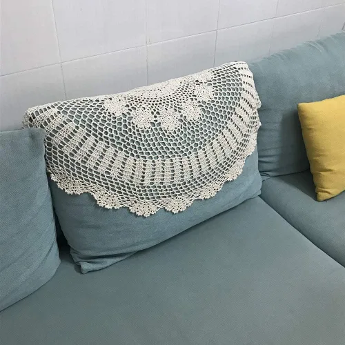 Vista 4 de Hetao Mantel redondo de ganchillo 100% algodón hecho a mano tapetes de encaje cubiertas de mesa, beige, 27 pulgadas