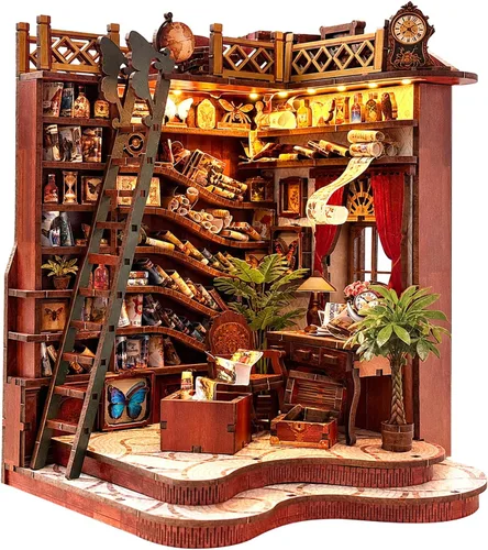 Vista 14 de Kit de rincón de libros, casa en miniatura con luces LED, rompecabezas de madera 3D para adultos, kit de construcción de mini casa de muñecas