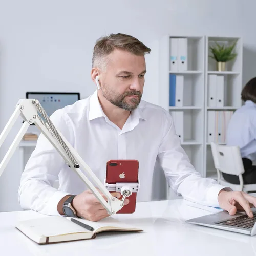 Vista 6 de Soporte para teléfono celular, abrazadera de soporte de teléfono para escritorio, soporte universal para teléfono con rotación flexible de 360°