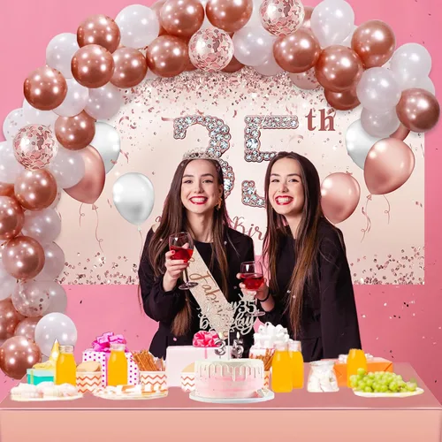 Vista 8 de Juego de arco de globos de oro rosa para cumpleaños número 35 para mujer