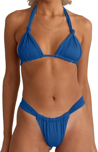 Vista 4 de Rooscier Conjunto de bikini de 2 piezas con parte superior triangular estilo halter retro para mujer