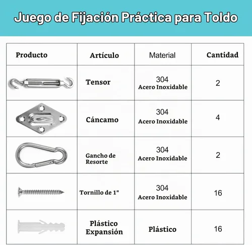 Vista 4 de HOMPER, kit de accesorios para toldos, kit de hardware resistente de acero inoxidable para toldos de jardín en forma de triángulo, cuadrado