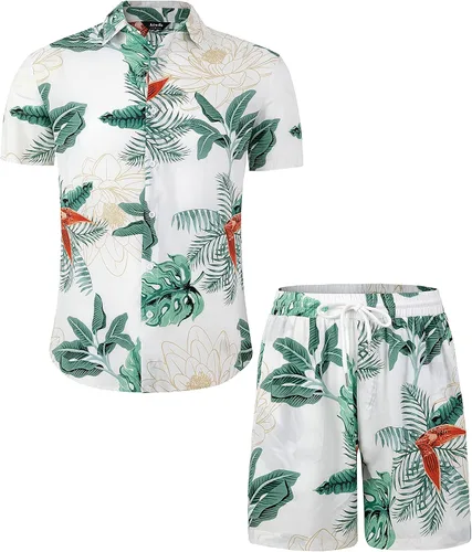 Vista 2 de Atwfo Camisas hawaianas para hombre, estilo casual, con botones, manga corta, pantalones cortos estampados, para verano, playa, tropical, hawaiano