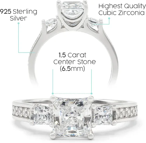Vista 4 de Anillo de compromiso de plata esterlina 925 con 3 circonias cúbicas - corte princesa con piedras laterales