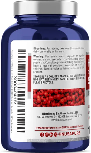 Vista 3 de NusaPure Hawthorn Berry, 500 mg, 180 cápsulas vegetales (vegano, sin OGM)