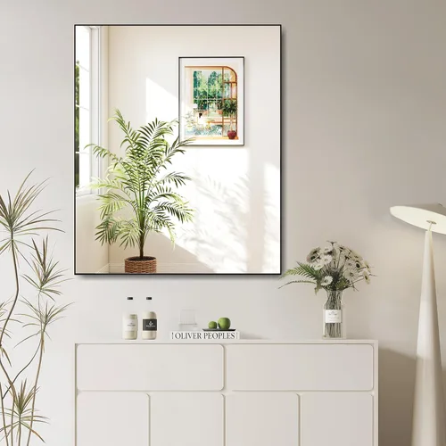 Vista 7 de ANYHI Espejo de pared rectangular para baño, entrada, dormitorio, 36 x 30 pulgadas, espejo con marco de metal negro, moderno espejo de baño negro