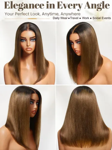 Vista 4 de UNICE Bye Bye Knots - Peluca de encaje precortada Yaki de 7 x 5, cabello humano castaño degradado, sin pegamento, previamente despuntada, nudos