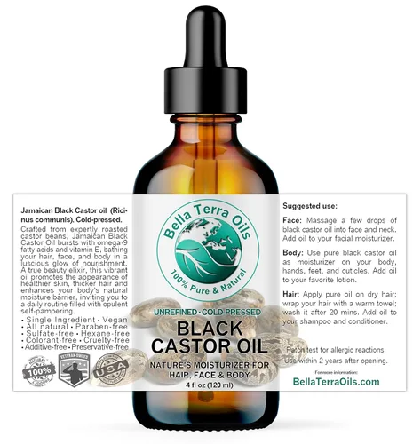Vista 2 de Bella Terra Oils - Aceite de ricino negro jamaicano 4 oz - Puro y auténtico, lleno de ácido ricinoleico, eleva tu régimen de belleza