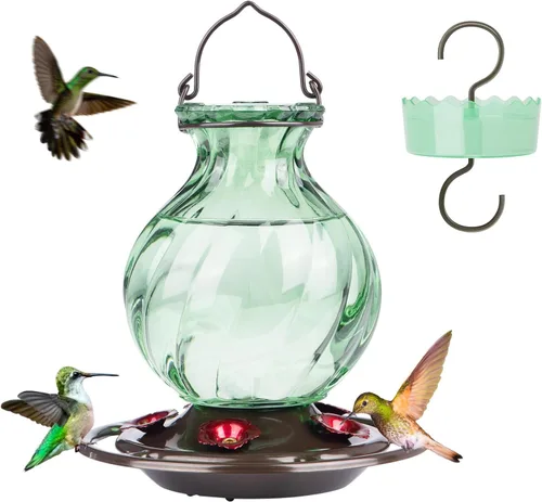 Vista 10 de Auslar - Comedero para colibríes, de vidrio de 26 onzas, para colgar en exteriores, a prueba de hormigas y abejas, foso de hormigas y 5 puertos