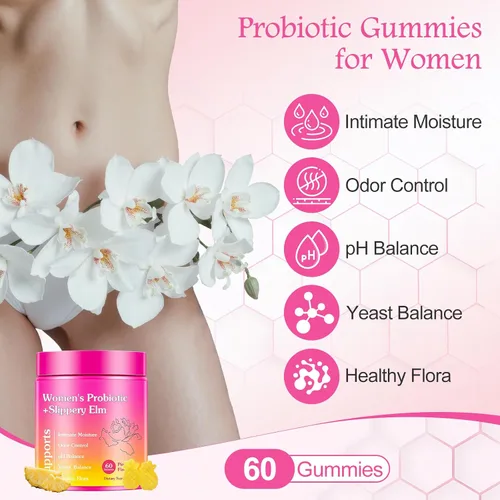 Vista 3 de Her Juicy - Gomitas femeninas de probióticos para mujeres, sabor a piña tropical, contiene olmo resbaladizo, apoya el equilibrio del pH, la salud
