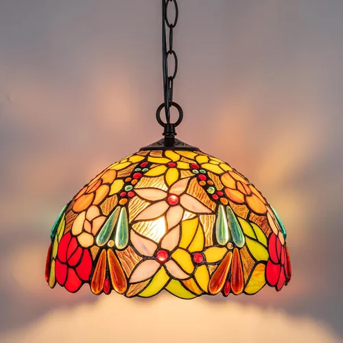 Vista 13 de Lámpara Colgante de Vidrio Emplomado Estilo Tiffany con Enchufe, 12" de Ancho Diseño de Glicinia Lámpara Colgante, Cadena de 60 Pulgadas Cable de 15