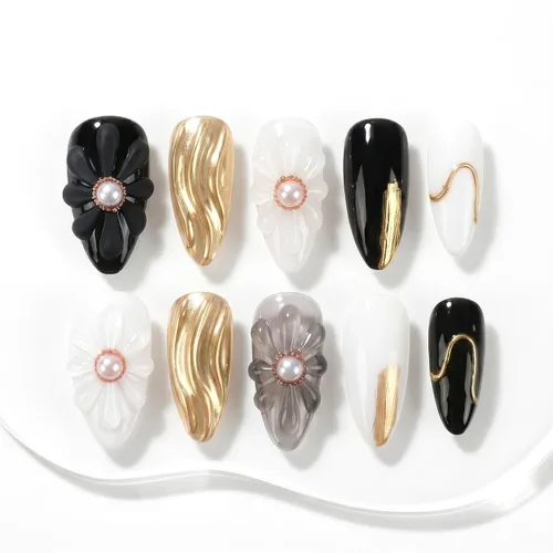 Vista 38 de Sun&Beam Nails Dije hecho a mano de almendra media larga con diseño de diamante de color nude, lindas puntas de uñas postizas, 10 unidades (#99 S)