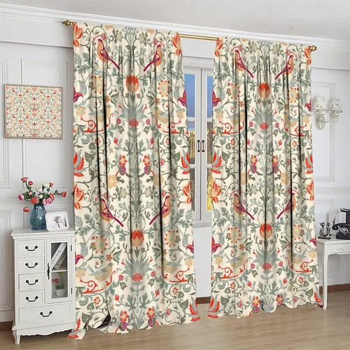 Vista 4 de Cortinas bohemias William Morris con estampado de pájaro retro elegante con estampado de animales, para dormitorio, sala de estar, cortinas opacas
