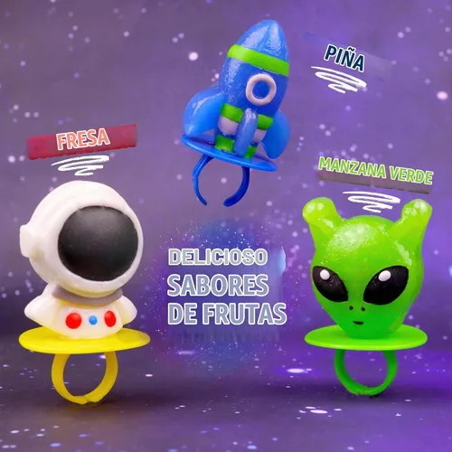 Vista 5 de Favoritos de fiesta del espacio exterior, anillos de piruletas galácticos envueltos individualmente, en forma de cohete, astronauta