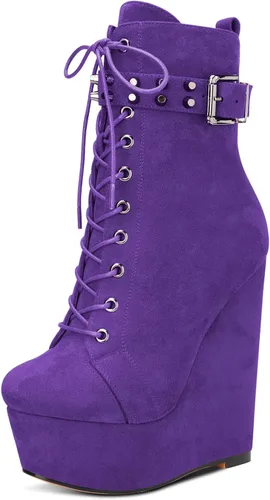 Vista 21 de HDEUOLM Botas de tobillo con tacón de plataforma de cuña alta para mujer, botines cortos con cordones y cremallera Negro