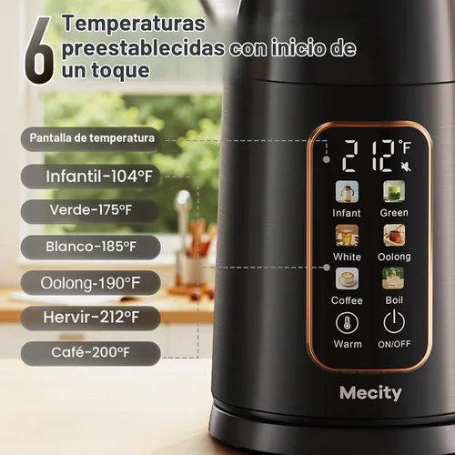 Vista 2 de Mecity Hervidor eléctrico de 1.7L con pantalla táctil de control de temperatura, sin contacto de plástico con agua. 6 programas de temperatura