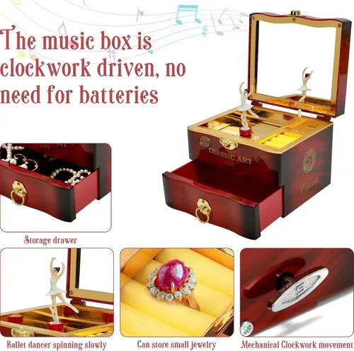 Vista 6 de SKwoker Joyero de música de bailarina mini caja de música de bailarina organizadores de joyas con cajones de espejo para niños cumpleaños Navidad