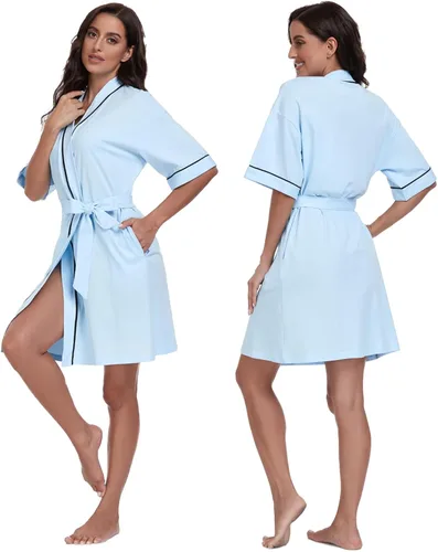 Vista 85 de COLORFULLEAF Bata de baño de manga corta para mujer, 100% algodón, longitud hasta la rodilla, con bolsillos