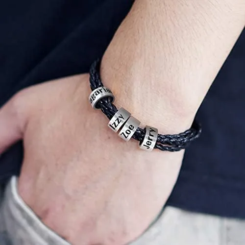 Vista 5 de ORFAN Pulseras de cuero trenzadas personalizadas para hombre con 2 a 6 nombres personalizado nombre pulsera personalizada para hombres mujeres