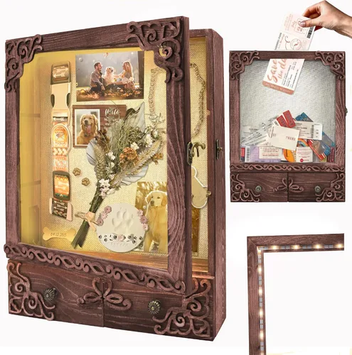Vista 12 de Marco de caja de sombra de 11 x 16 con luz, vitrina conmemorativa con estantes, cajón y ranura para recuerdos, caja grande de sombra profunda