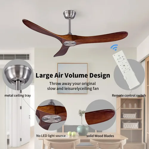 Vista 4 de Ventilador de techo de madera para interiores y exteriores de 52 pulgadas, ventilador de techo CC de 3 aspas con control remoto, 2 varillas Cuerpo