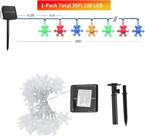 Vista 6 de Tira de luces con diseño de copo de nieve, con 50 ledes, 24.6pies, impermeable, para exteriores, con 8 modos de iluminación para bodas, fiestas