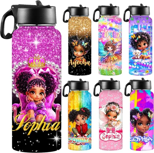Vista 33 de Botellas de agua personalizadas para niñas, de acero inoxidable con aislamiento de doble pared con pajita, botella de agua de color degradado